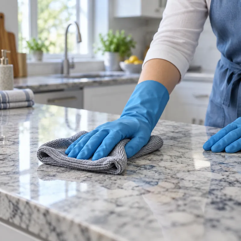 AI-generated concept: gloved hands wiping a kitchen counter with a cleaning cloth.
