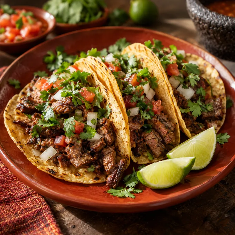 AI-generated concept: tacos with lime and cilantro on a dining table.