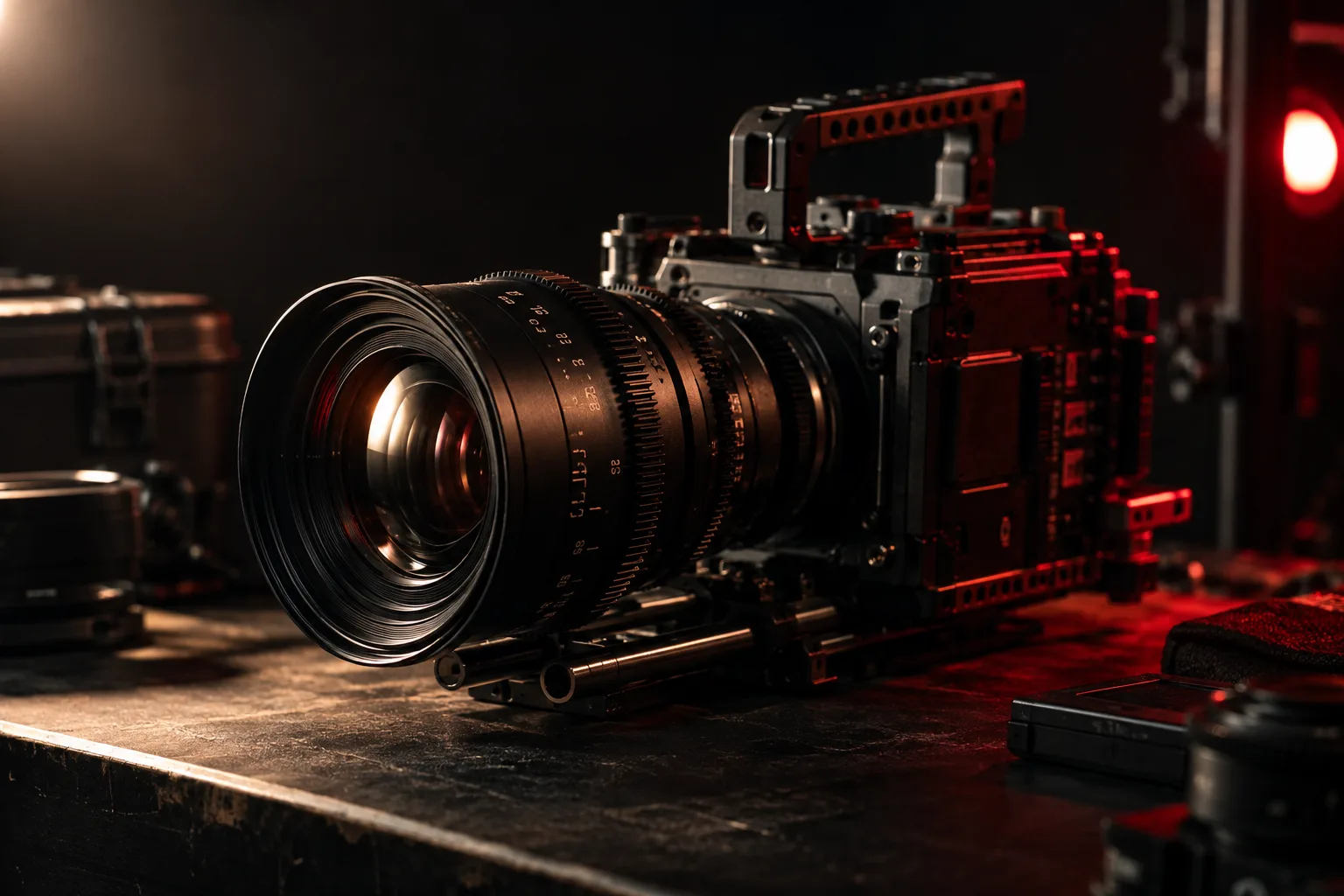 Cinema camera in a red-lit studio; conceptual brand image